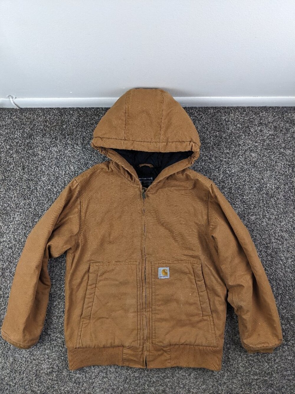 Carhartt Jacket Canvas Quilted Lined Hooded Beige Tan Youth Medium 10-12
